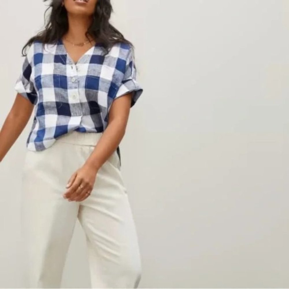 Everlane The Linen Utility Blue & White Plaid Gingham Button Up Shirt